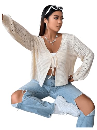 Image of GORGLITTER Women's Plus Size Bow Tie Front Cardigan Crochet Open Front Lightweight Front Tie Cardigan Sweater Fall Apricot Large Plus