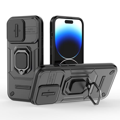 Image of Polycarbonate Camshield Pro Case With Slide Camera Protection And 360 Protection Ring Stand Bumper Back Case Cover For iPhone 14 Pro (Black)