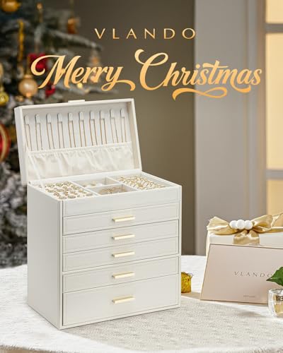 Vlando 6 Layer Large Jewelry Box - Jewelry Holder Organizer, Jewelry Box Organizer for Drawer Necklace Ring Bracelet and Watch, Birthday Gift for Loved Ones - Beige - Thumbnail 4