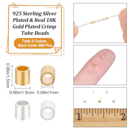 Beebeecraft 1 Box 1000Pcs 2 Color Crimp Tube Beads 925 Sterling Silver 18K Gold Plated Column Spacer Beads Link Connector for Bracelet Necklace Jewelry Making Findings Supplies - Image 2
