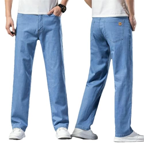 Spring Summer Men's Straight Lightweight Jeans Stretch Denim Pants Cotton Thin Classic Trousers