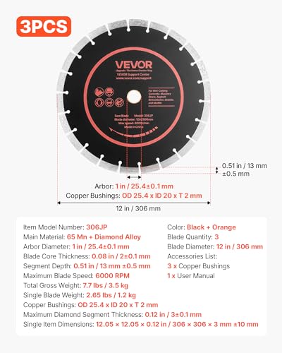 Image of VEVOR Diamond Blades 12 inch, 3-Pack Concrete Saw Blade Set, 1 in Arbor, High-Hardness Diamond Segments, 65Mn Steel Core, Dry Wet Cutting, Clean Edges for Concrete, Masonry, Brick, Stone, Granite