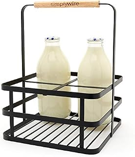 simplywire - Retro 4 Unit Milk Bottle Holder  Wine Bottle Carrier  Black Flat Wire