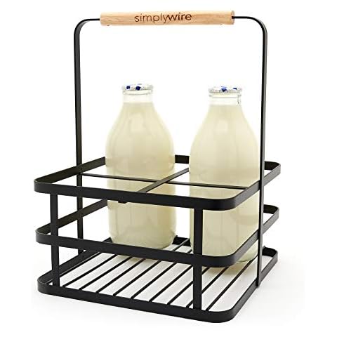 simplywire - Retro 4 Unit Milk Bottle Holder - Wine Bottle Carrier - Black Flat Wire Cover