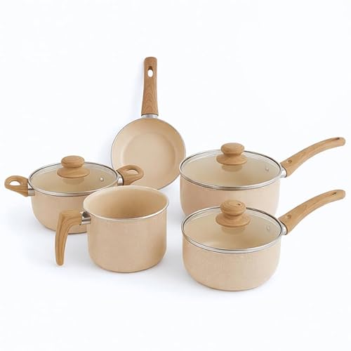 Conjunto Panelas em Cerâmica 5 Peças Antiaderente Tampa em Vidro (Creme)