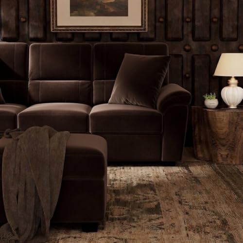 Image of Anderson 6 Seater Fabric Sofa Set (3+2+1) with Storage Ottoman Dark Brown, Premium Velvet Finish Upholstery, Solid Wood Frame, High Density Foam Cushions, Modern Living Room Furniture