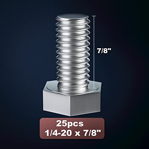 Image of 1 /4-20 x 7 /8 inch (5 /8 to 5 inch Optional) Hex Head Screw Bolt, Stainless Steel 18-8(304), Fully Threaded,25pcs