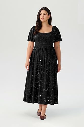 Image of RITERA Plus Size Dresses for Curvy Women Square Neck Short Sleeve Summer Floral Smocked Maxi Dress with Pocket XL-5XL