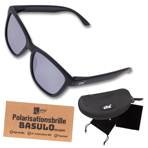 Zite Fishing Polarisationsbrille | Basulo | Polbrille Angeln verspiegelt UV400 | Ultraleichte Angelbrille mit Hardcase & Tasche Angelbrille polarisiert zum Angeln (Silber)