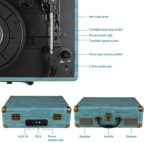 Record Player Vintage 3-Speed Bluetooth Vinyl Turntable with Stereo Speaker, Belt Driven Suitcase Vinyl Record Player - Thumbnail 4