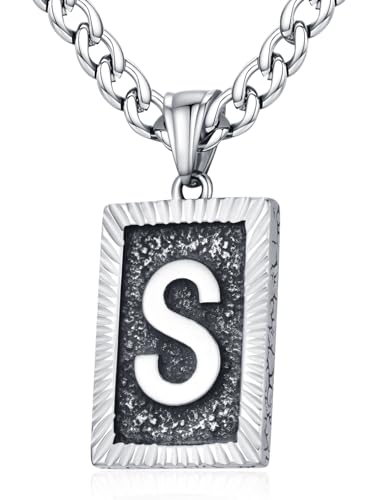 XIRUVE Longitud Ajustable Vintage Collar Colgante Rectangular de Letra Inicial A-Z Acero Inoxidable Cadena Cubana Ancho 6mm para Hombre Mujer