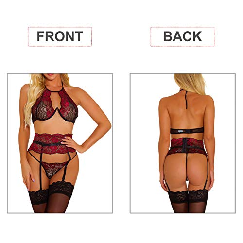 ARTIBETTER 3 Peças Femininas Halter Lingerie Sutiã Sexy Calcinha G Cordão Cinta-Liga de Renda Bodysu