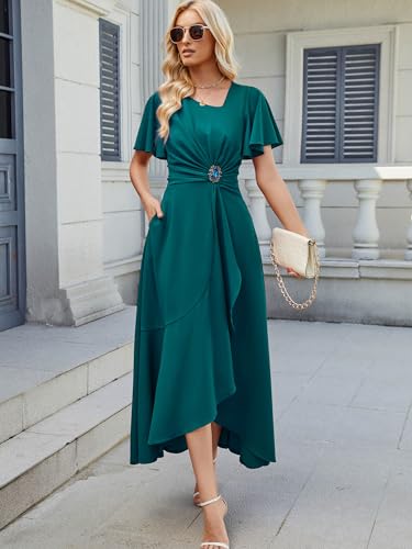 Image of QMZ Wedding Guest Dresses for Women V Neck Cocktail Dress Ruffle Sleeve A Line Evening Party Formal Dresses for Women