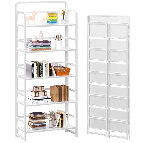 4NM No Assembly 5 Tiers Folding Bookshelf Storage Shelves Vintage Bookcase Standing Racks Study Organizer Home Office (All White)