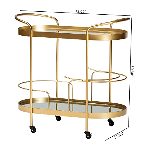 Baxton Studio Kamal Modern And Contemporary Glam Brushed Gold Finished Metal And Mirrored Glass 2-Tier Mobile Wine Bar Cart #TOP6