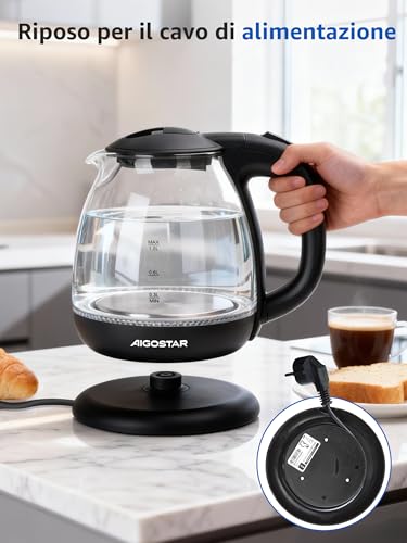 Miniatura 12 de Aigostar Elfin - Hervidor Agua Electrico 1 Litro, 2200w Hervidor De Agua Pequeño, Iluminación Led, Vidrio De Borosilicato, Rápida Ebullición, Libre De Bpa, Negro, Portátil Para El Hogar O Viajes