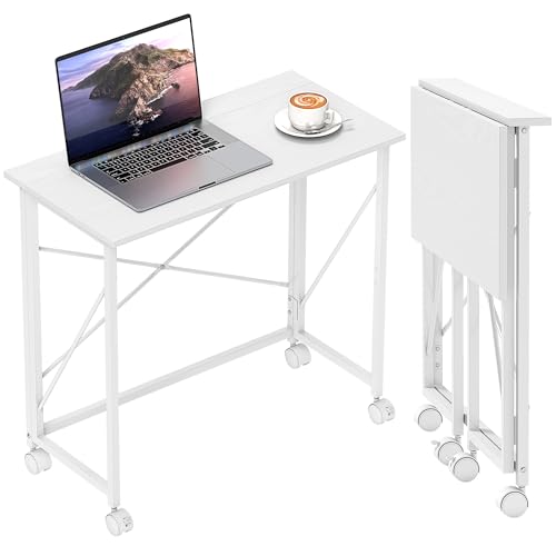 HOMCOM Kleiner Klapptisch, 80 cm faltbarer Computertisch auf Rollen für kleinen Raum, einfache Montage, platzsparender Schreibtisch für Home Office, Schlafzimmer, Weiß HOMCOM Kleiner Klapptisch, 80 cm faltbarer Computertisch auf Rollen für kleinen Raum, einfache Montage, platzsparender Schreibtisch für Home Office, Schlafzimmer, Weiß