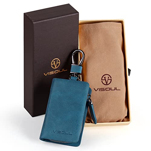 Visoul Leather Car Key Fob Case Holder For Men And Women, Car Smart Keychain Protector Cover With Metal Hook And Keyring, Key Zipper Case For House Keys (D01-Blue) #TOP5