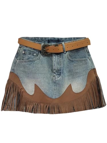 Hndudnff Women's with Pocket Denim Mini Skirt Spliced Contrast Color Irregular Tassel A-Line Skirt