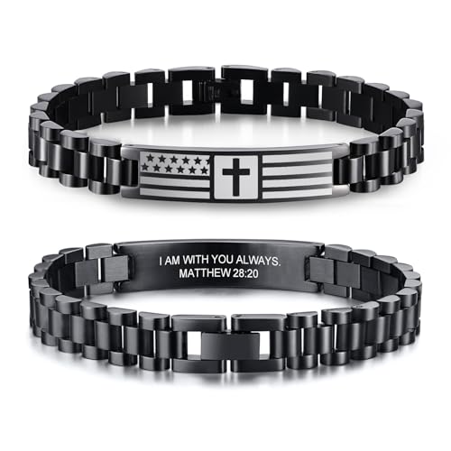 VNOX Personalized Religious Jewelry-Engraved Inspirational Christian Faith Bible Verse Quote Wristbands Elegant Link Bracelet Encouragement Gift,Cassic Watch Band Strap Design Black American