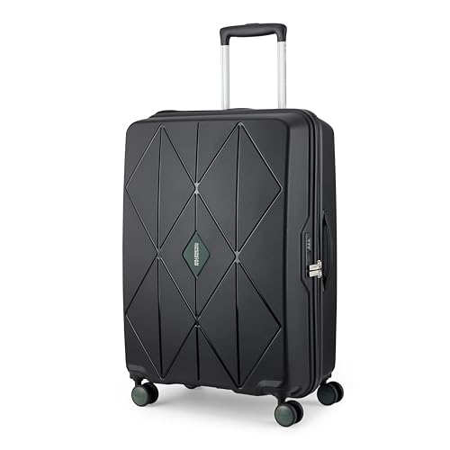 Image of American Tourister Qubiz | Check-in Trolley Bag (68 cm) | 360 8 Wheel Travel Luggage | Hard Case Polypropylene Suitcase | Recessed Combination Lock | Black /Dark Olive