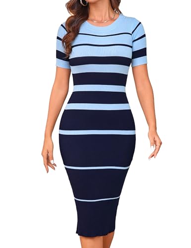 MAKABO Women's Blue Short Sleeve Rib Sweater Dress Stripes Crew-Neck Bodycon Midi Dress Casual...
