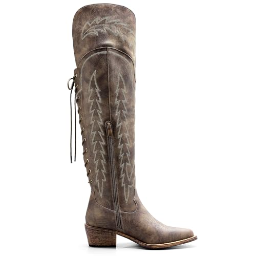 Image of GLOBALWIN Women's Cowboy Western Fashion Over The Knee Thigh High Cowgirl Boots Low Heel