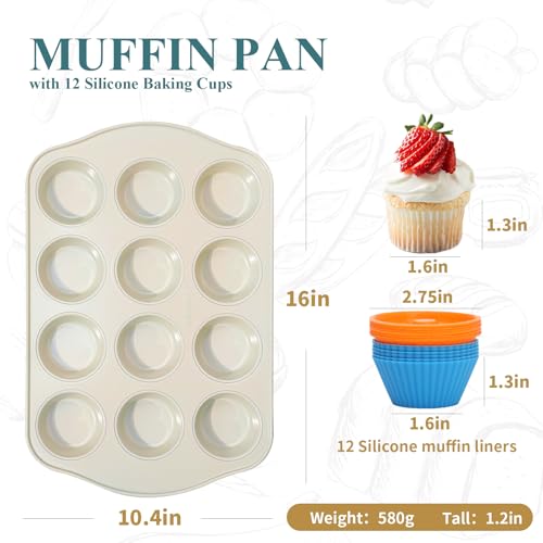Ymiton Nonstick Muffin Pan with 12 Silicone Baking Cups, Carbon Steel Muffin Tin for Muffins, Cupcakes, Egg Bites and more, Non Toxic, Easy to Clean, Dishwasher Safe, Sunshine Cream by Ymiton - Used condition - US$7.51