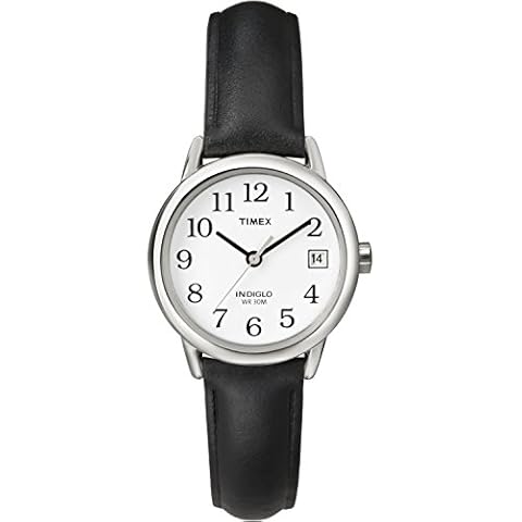 Timex Women's Easy Reader 25mm Watch – Silver-Tone Case White Dial with Black Leather Strap Cover