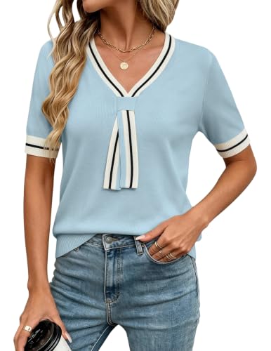 Image of Libsorge Womens Lightweight Cute Bow Tie Sweater Spring 2026 Business Casual Outfits V Neck Short Sleeve Tops