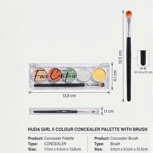 Image of HUDA GIRL Natural 5-Shades 3in1 Contour, Highlighter and Concealer Palette with Brush, 24Hrs Waterproof Formula with Orange for Dark Circles, Oil Control for Face Makeup Kit for Women
