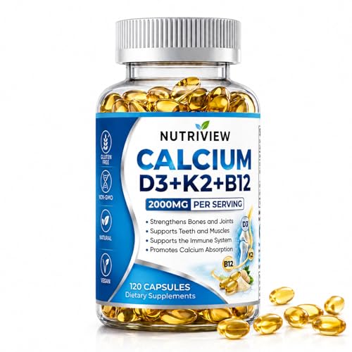 Kunnozz Nutriview Calcio D3 K2 B12 Softgels 2000mg Suplemento De Calcio with Calcium & Glucosamina Boost Energy Support Immune Function Vegen 120 Capsules