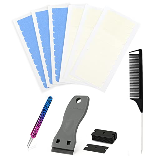 EHDIS Hair Extension Tape Tabs Set - 3 Sheets Double Sided and 3 Sheet Single Side Adhesive Hair Extension Tapes, with Scraper, Hair Comb, Tweezers