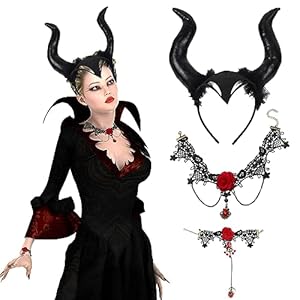 TOPJOWGA Diadema de Cuerno Negro, 3 Piezas Diadema Cuernos per Halloween, Cuernos Malefica con Collar Pulsera, Diadema Halloween Mujer Niña, Diadema Disfraz Diablo para Fiesta Carnaval Mascarada