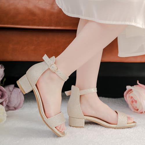 Image of Dufannie Girls Sandals Low Heels Dress Pump Ankle Strap Open Toe Flower Girl Wedding Party for Toddler Little Big Kid