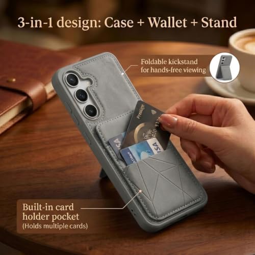 Image of amazon basics Premium Vegan Leather Back Cover with Card Holder and Integrated Mobile Stand for Samsung Galaxy S25FE 5G - Slim Shockproof Wallet Case with Geometric Stitching [Gray]
