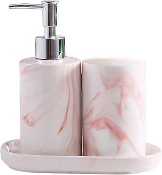Soap Dish, Liquid Soap Dispenser, Toothbrush Tumbler Cup, 3 Piece Bathroom Accessory Set Marble Ceramic Bathroom Accessories Set Pink