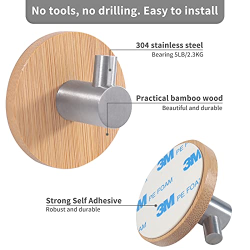 Newness Towel Hooks, [Strong & Sturdy] Modern 304 Stainless Steel And Bamboo Robe Hooks, Waterproof Adhesive Hooks For Hanging Coat, Belt, Keys, Headset, Etc. In The Home, Kitchen, Bathroom (4-Pack) #TOP2