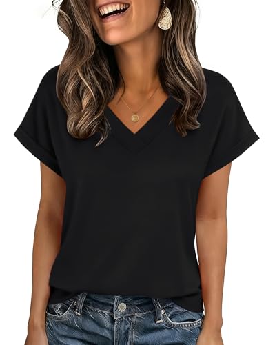 Zeagoo Tshirt Damen V Ausschnitt Kurzarm Oberteil Sommer Elegant Locker Shirts Casual Einfarbig Basic Tops Schwarz L