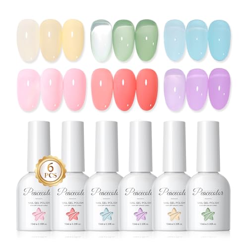 PEACECOLOR 6 Colores Pintauñas Semipermanentes Jelly, Esmaltes Semipermanentes para Uñas Morado Rosa Amarillo Azul Verde Nail Polish Nail Art Set