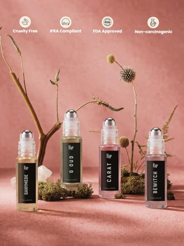 Image of EM5 Set of 4 Pure Perfume Oil (Attar) Roll-On for Her - Skin Safe, FDA Approved, IFRA Compliant | Alcohol Free & Travel Friendly | Ganymede, G Oud, Carat, Bewitch - Strong & Long Lasting Roll On Perfume | Luxury Gift for Her | 3ml x 4