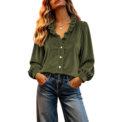 Womens Velvet Blouses Ruffle V Neck Tops Long Sleeve Button Down Shirt Fall - image 6