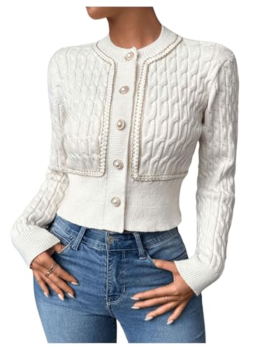 Image of MakeMeChic Women's Button Down Cropped Cardigan Beaded Slim Fit Cable Knit Sweaters Outwear White Medium