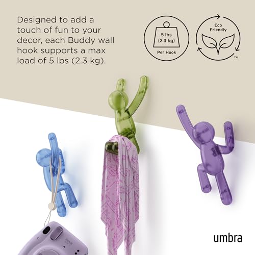 Image of Umbra Buddy Wall Hooks, Drill-Free Pin-Point Coat Hooks, Gem Multi