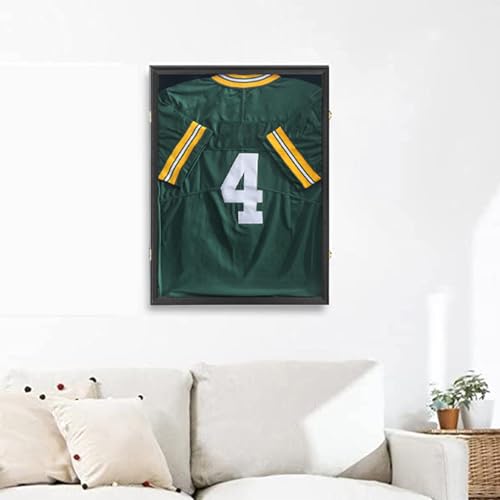 Image of Jinchuan Jersey Frame Display Case Large Shadow Box Lockable with UV Protection Acrylic Hanger and Wall Mount Option for Baseball Basketball Football Soccer Hockey Sport Shirt Black Finish