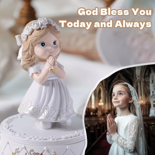 First Communion Gifts for Girls- First Holy Girl Figurine with Keepsake Box & Flower Girl Headpiece & Cross Necklace & Cross Bracelet Included, 1st Communion Gifts for Girls2