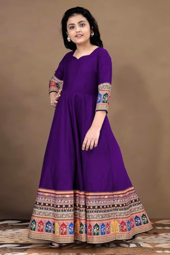 Image of Cotton Silk Long Anarkali Kurta for Girls