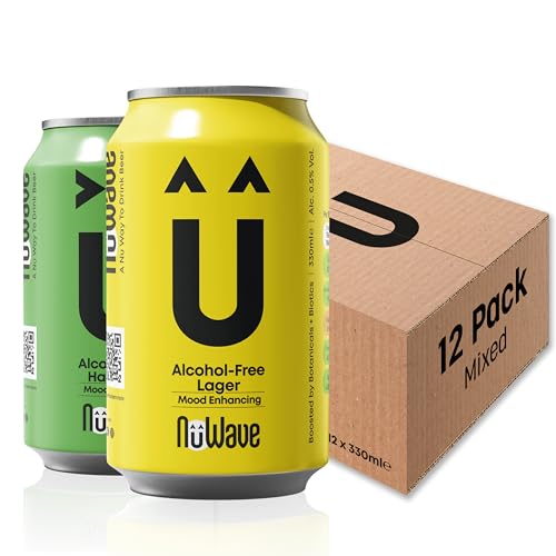 NuWave Alcohol-Free Beer Hazy Pale (73 Cal) + Lager (53 Cal) | 12 Mixed Pack + Mood-Enhancing Botanicals - 0.5% abv, Vegan & Gluten Free | Non Alcoholic Beers | 330ml Cans