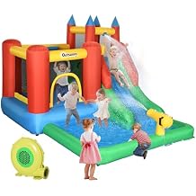 Outsunny 6-in-1 Kids Bounce House Inflatable Water Slide with Pool, Water Cannon, Climbing Wall, Inflator Included, Jumping
