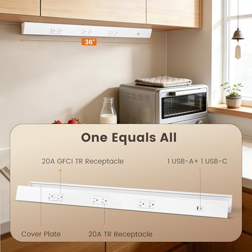 SURAIELEC 2-Pack 36 in Under Cabinet Hardwired Power Strip with GFCI, Trapezoid Aluminum Design, 20A GFCI + 2×20A TR Outlets with USB-A & USB-C, Power Strip for Kitchen, Workshop, ETL Listed, White by SURAIELEC - Image 3